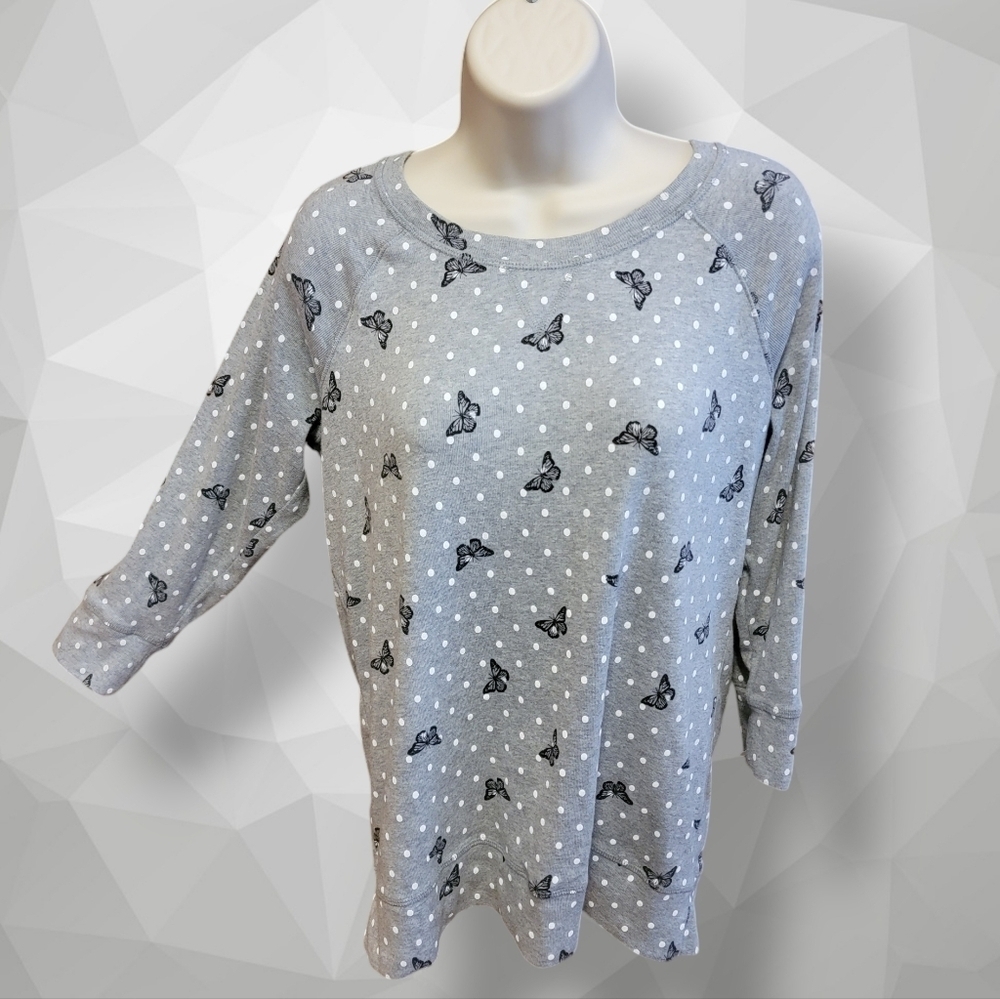 Karen Scott Sport Grey Black Butterflies 3/4 Raglin Sleeve XS shirt T56